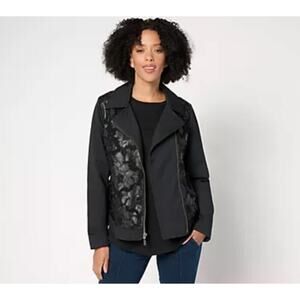 Women with Control Ponte Royal and Lace Zip Up Moto Jacket, Black, Size XS NWT
